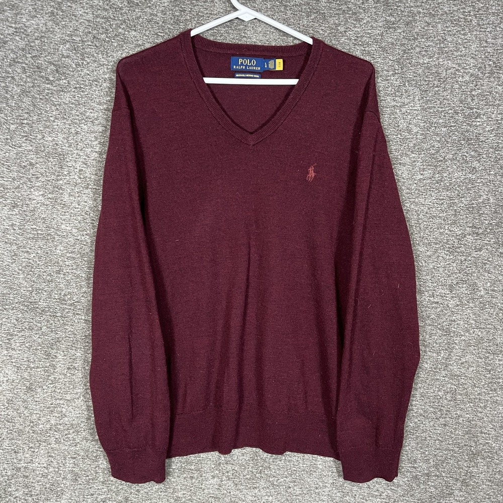 Polo Ralph Lauren Sweater Mens Large Red‎ Washable Merino Wool V Neck Pullover